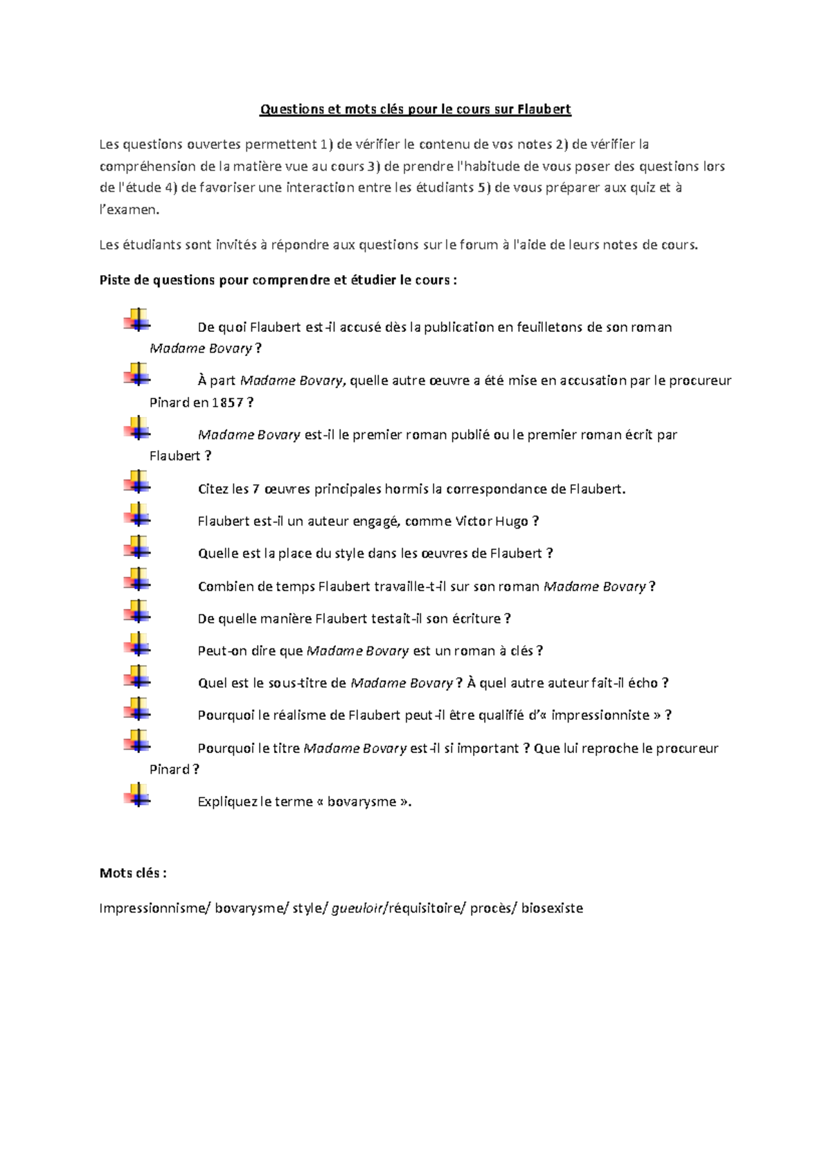 Questions et Mots Clés pour le Cours 15 sur Flaubert - Studocu