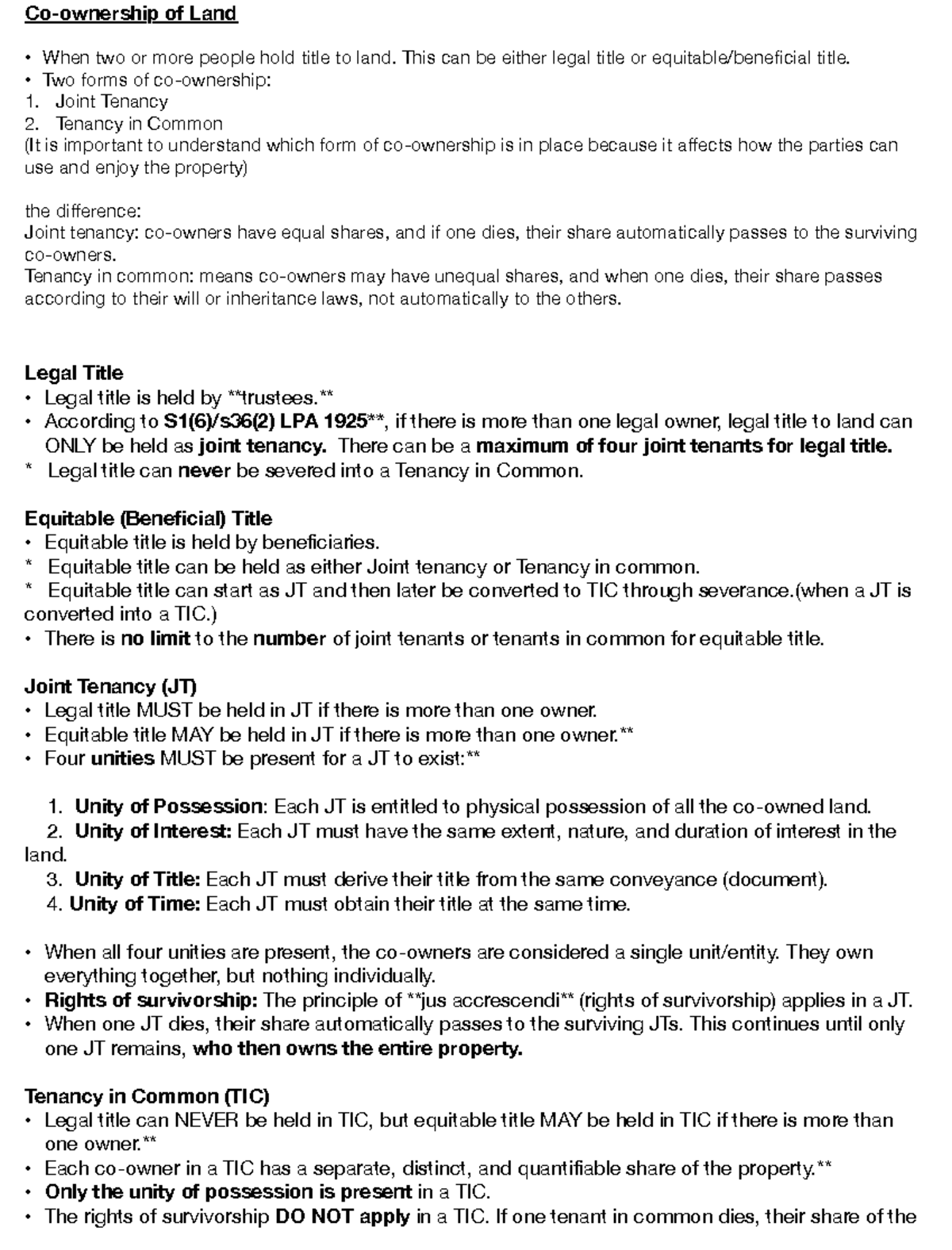 Co ownership lecture 7 - Co-ownership of Land When two or more people ...