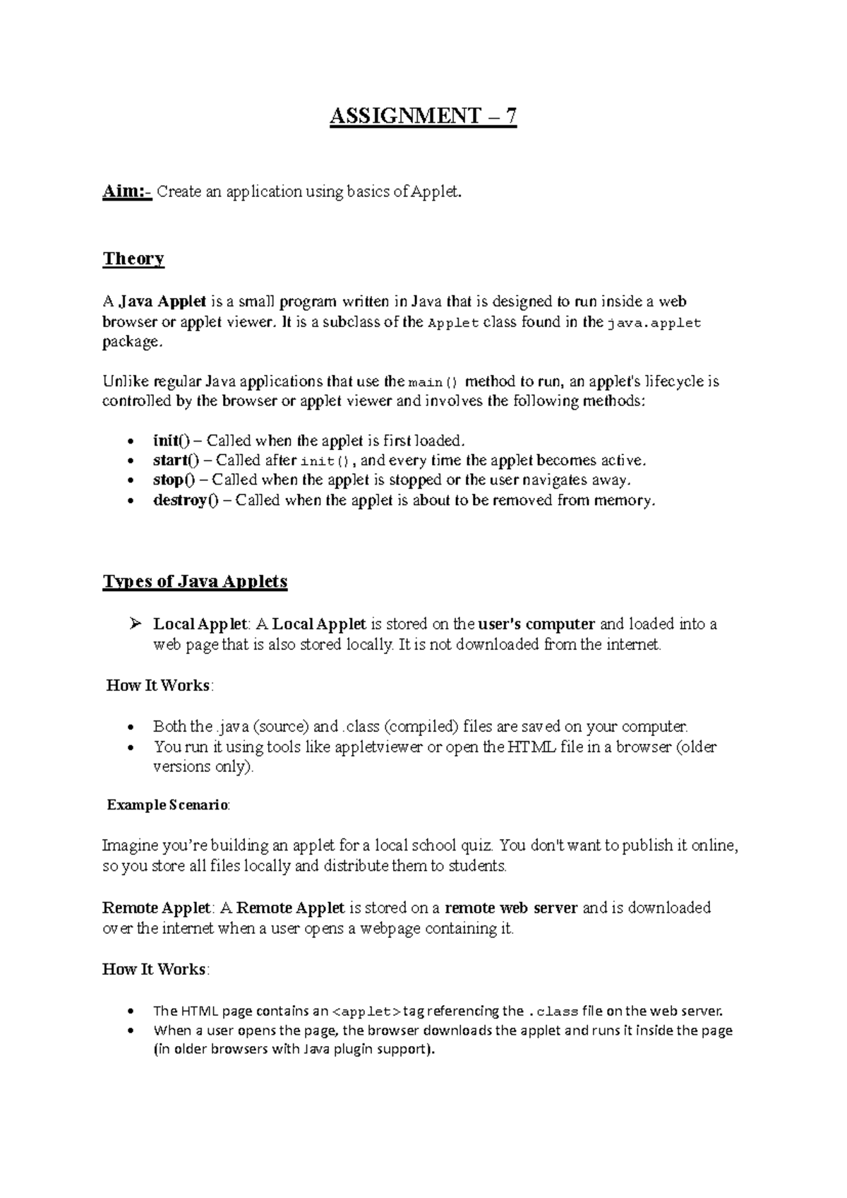 ASSIGNMENT 7: Java Applet Basics and Application Development - Studocu