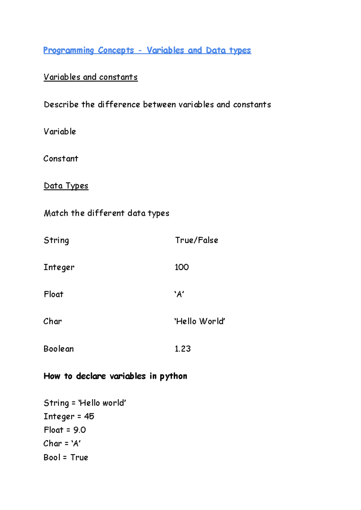 Programming Concepts (CS101): Variables, Data Types, and Tasks - Studocu