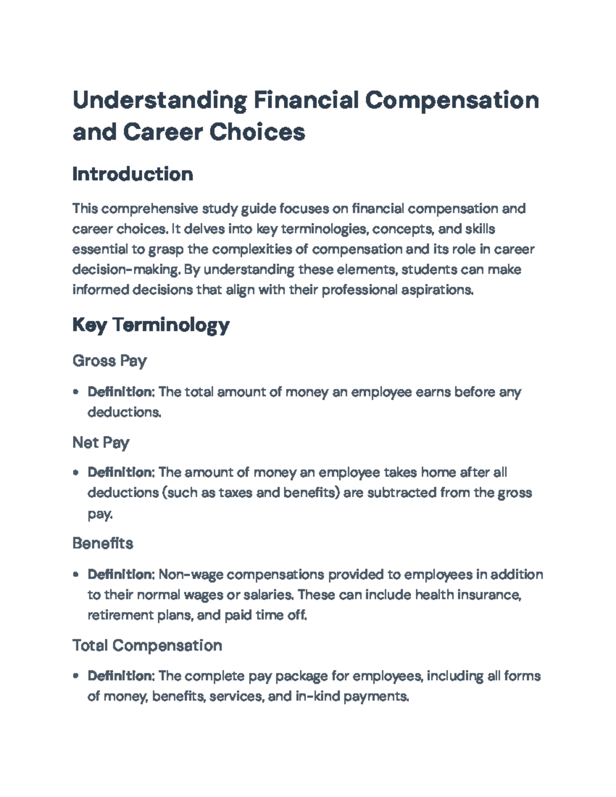 Financial Compensation & Career Choices Study Guide (FIN 101) - Studocu