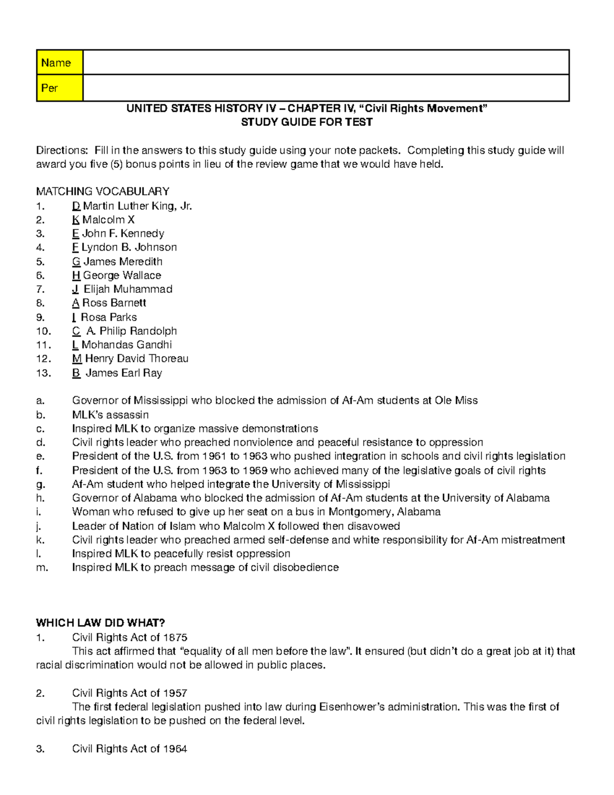 UNITED STATES HISTORY IV - CHAPTER IV: Civil Rights Movement Study ...