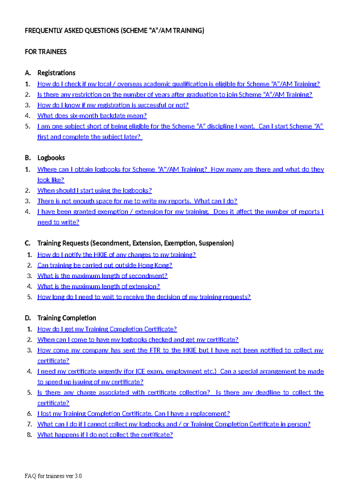 FAQs for Scheme “A”/AM Training Trainees (Version 3) - Studocu