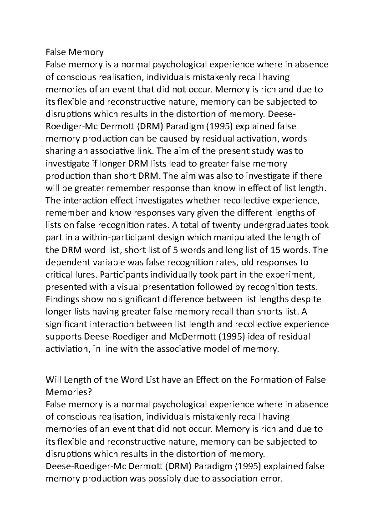 False Memory - psyc - Lecture notes 10 - False Memory False memory is a ...
