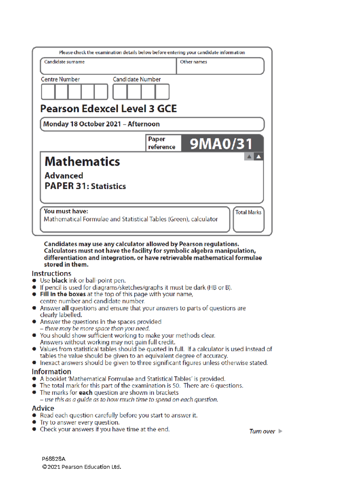 A Level Statistics Oct 2021 Exam Paper - P68828A - Studocu