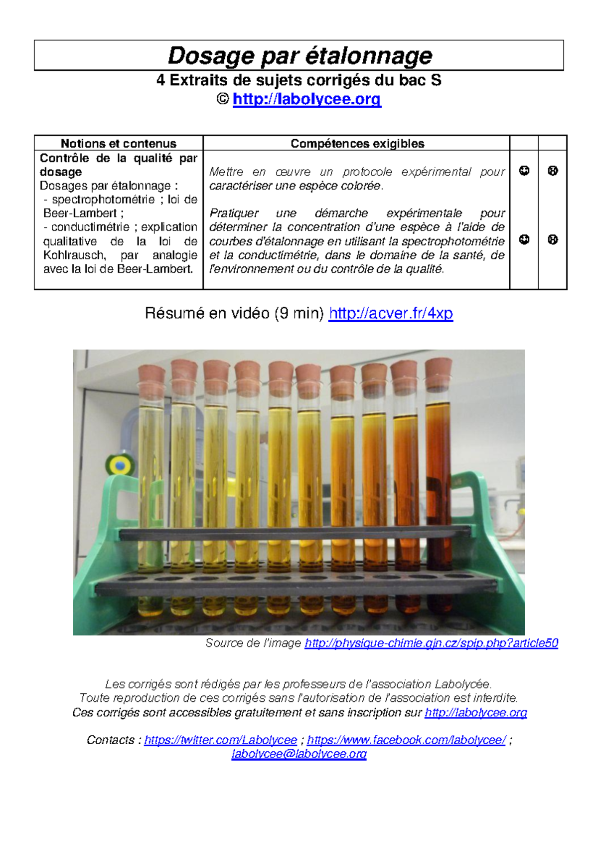 Chimie S Dosage par Étalonnage Spectrophotométrie et Protocoles — free download