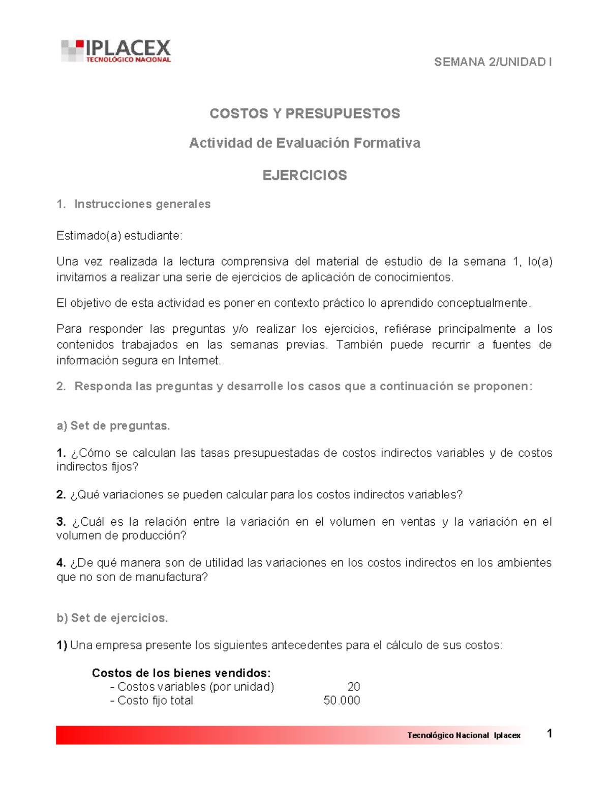Costos y Presupuestos - Actividad Evaluativa SEMANA I EJERCICIOS - Studocu