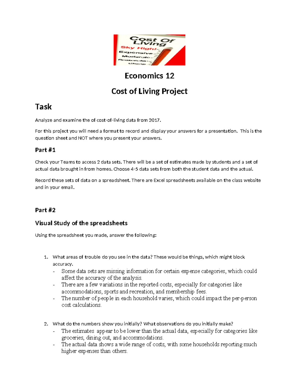 Economics 12 - 2024 Cost of Living Analysis Project Notes - Studocu