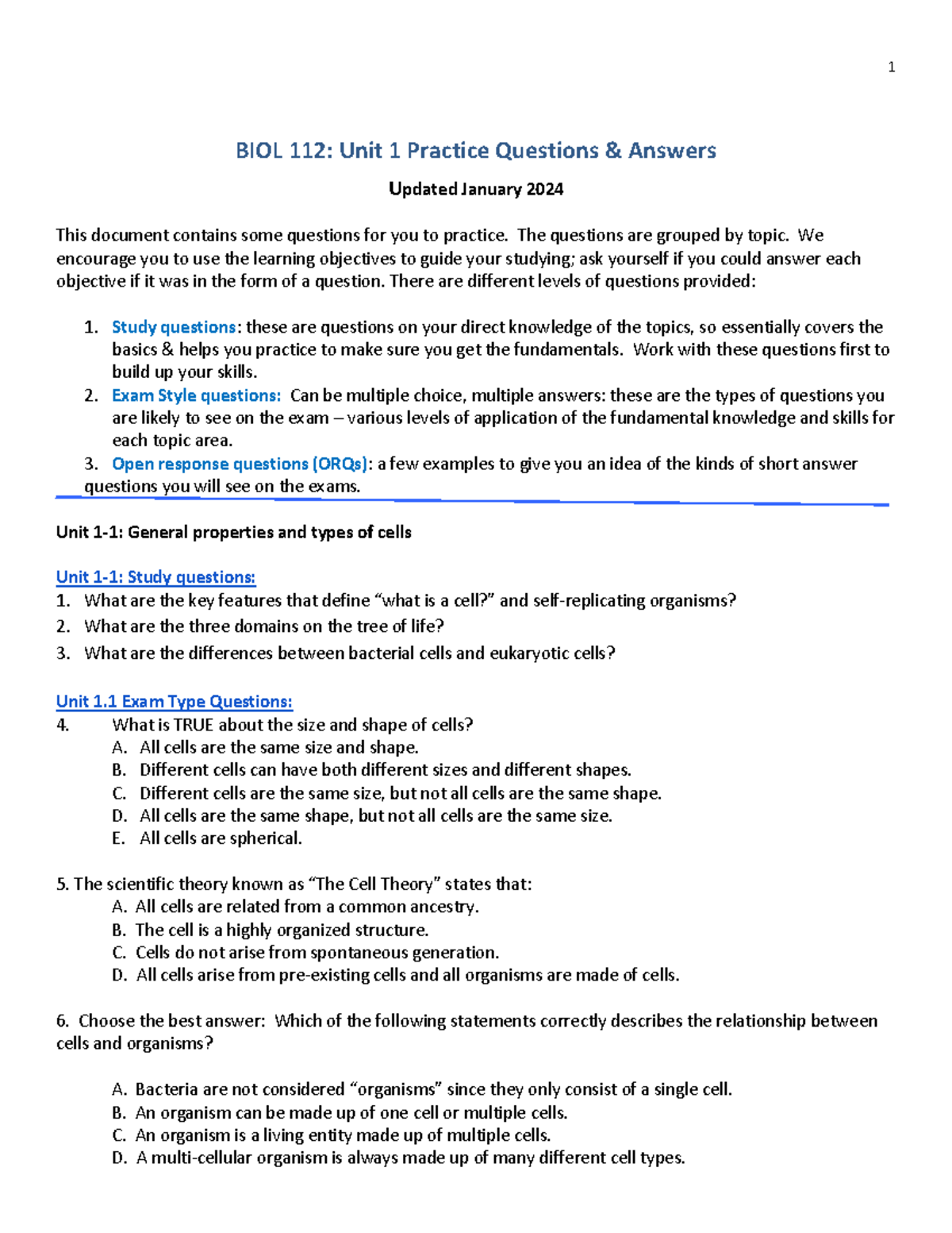 Unit 1 practice questions Q only Studentjan 24 - BIOL 112: Unit 1 ...