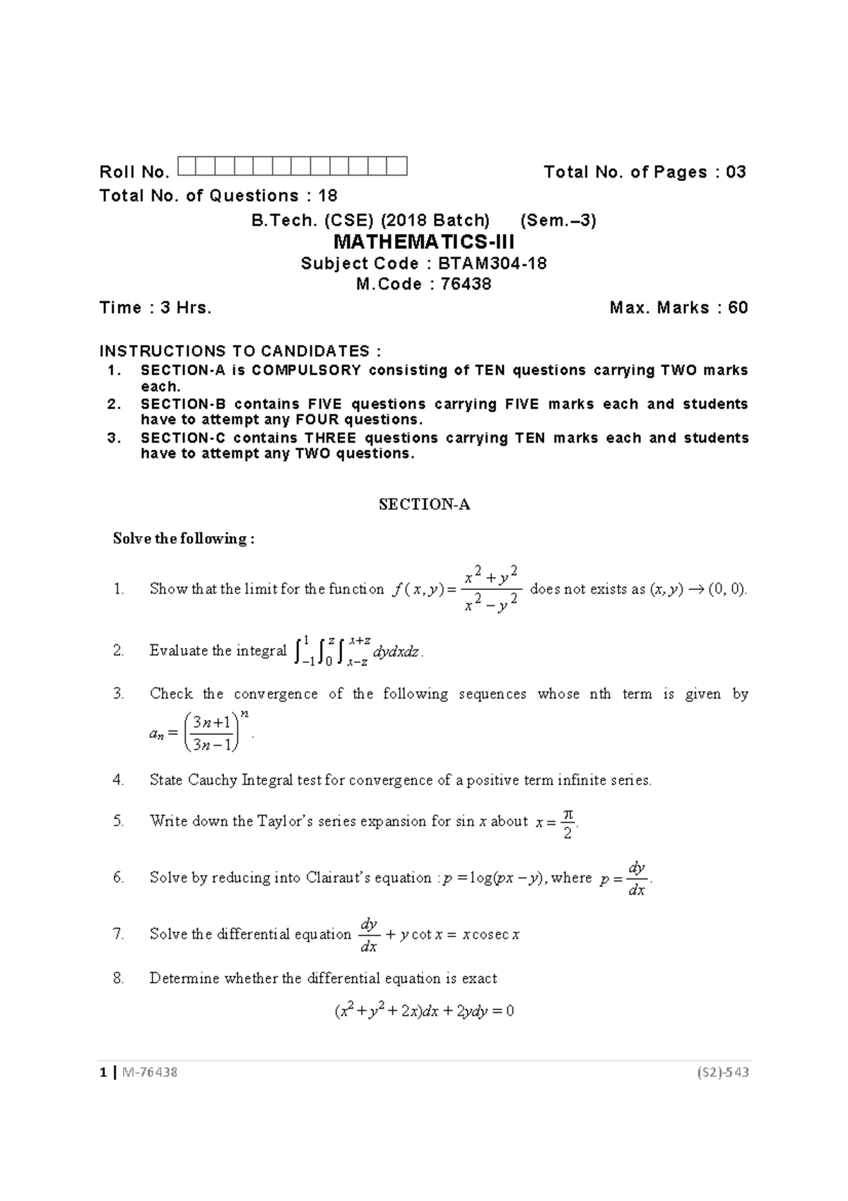 B.Tech CSE 3rd Sem Mathematics Exam Paper (M.Code: 76438) - Jan 2021 ...
