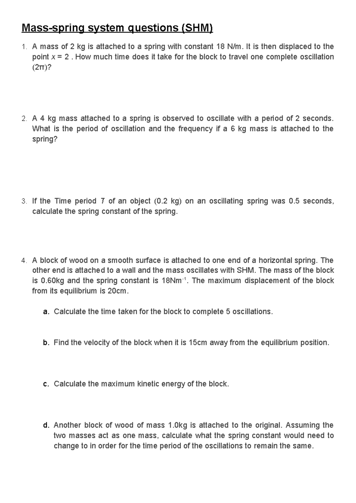 SHM Mass-Spring Questions: Period, Frequency & Energy Calculations ...