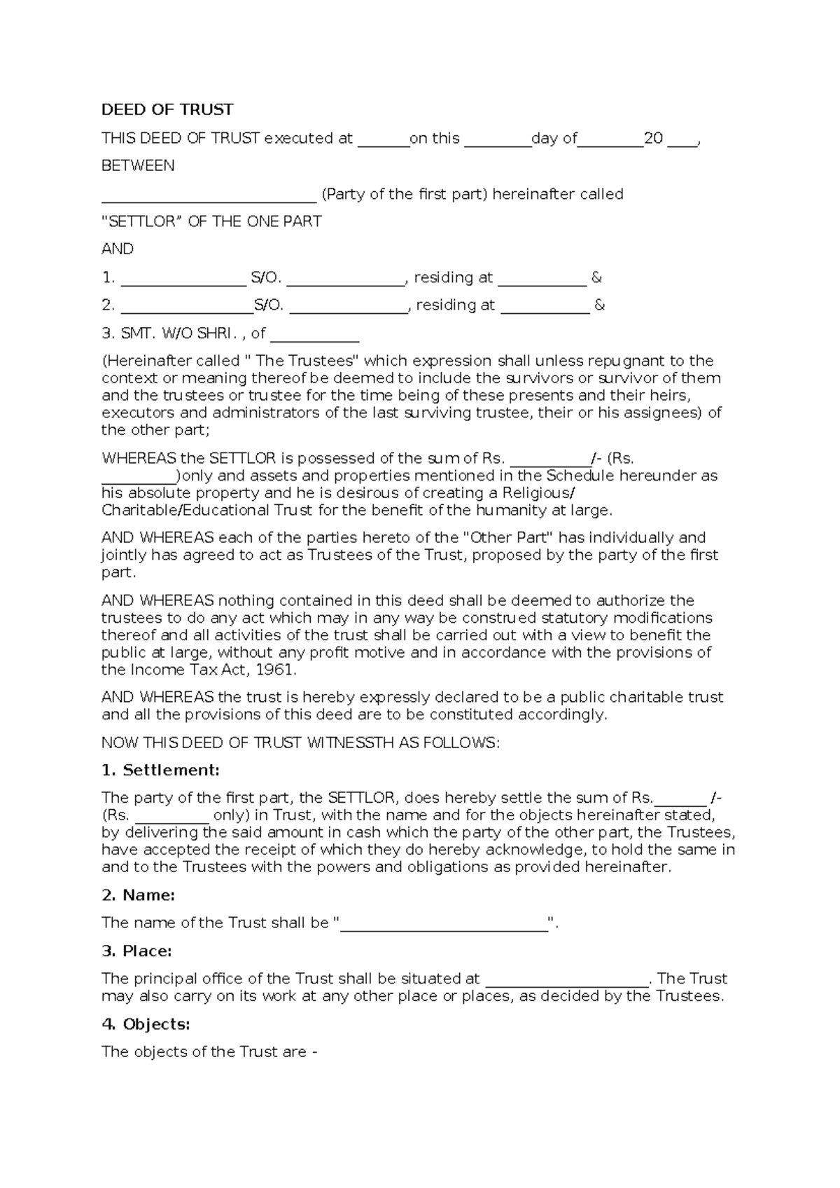 Deed of Trust for Public Charitable Purposes - Reference Document - Studocu