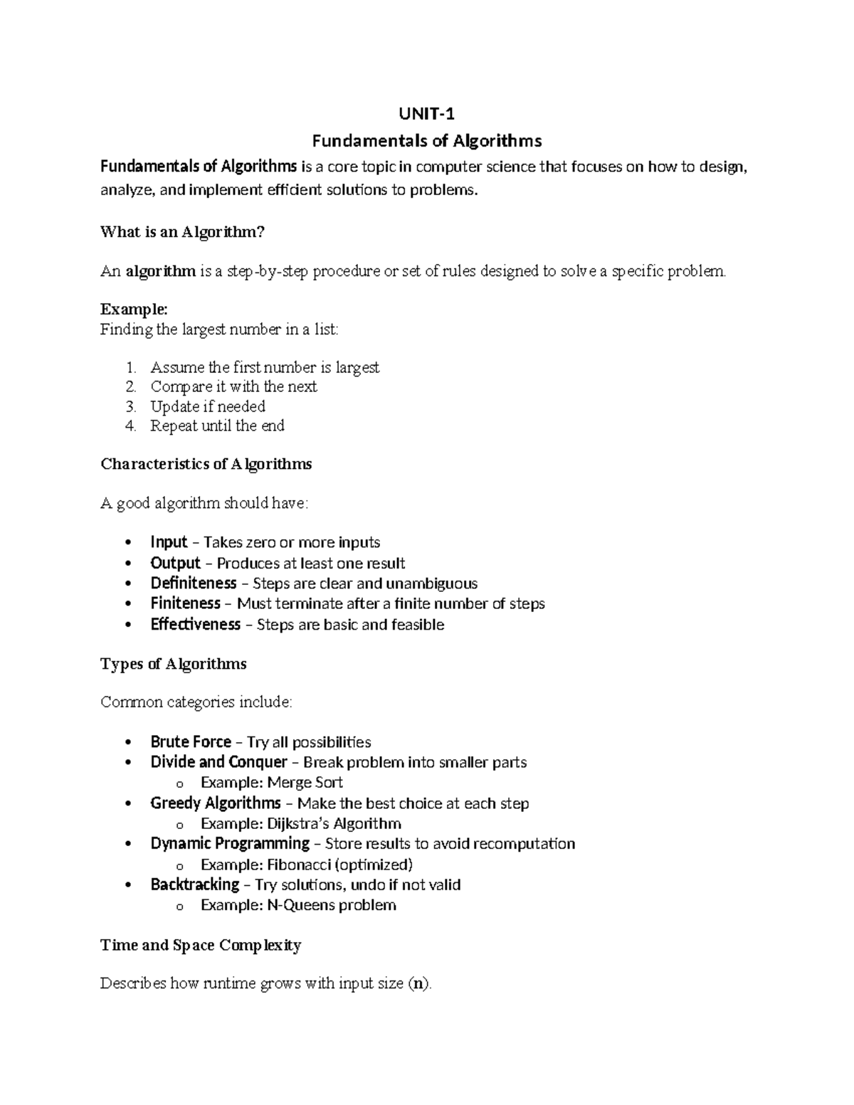 FOA Unit 1: Introduction to Algorithm Fundamentals and Analysis - Studocu