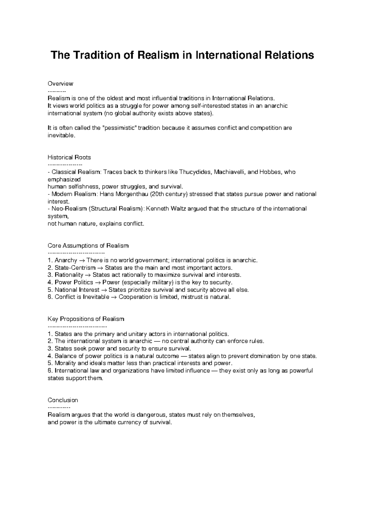Realism Tradition in International Relations Overview - Studocu