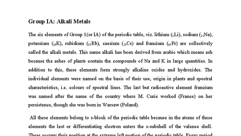 CHM 102: Lecture Notes on Group IA, IIA, and IVA Elements - Studocu