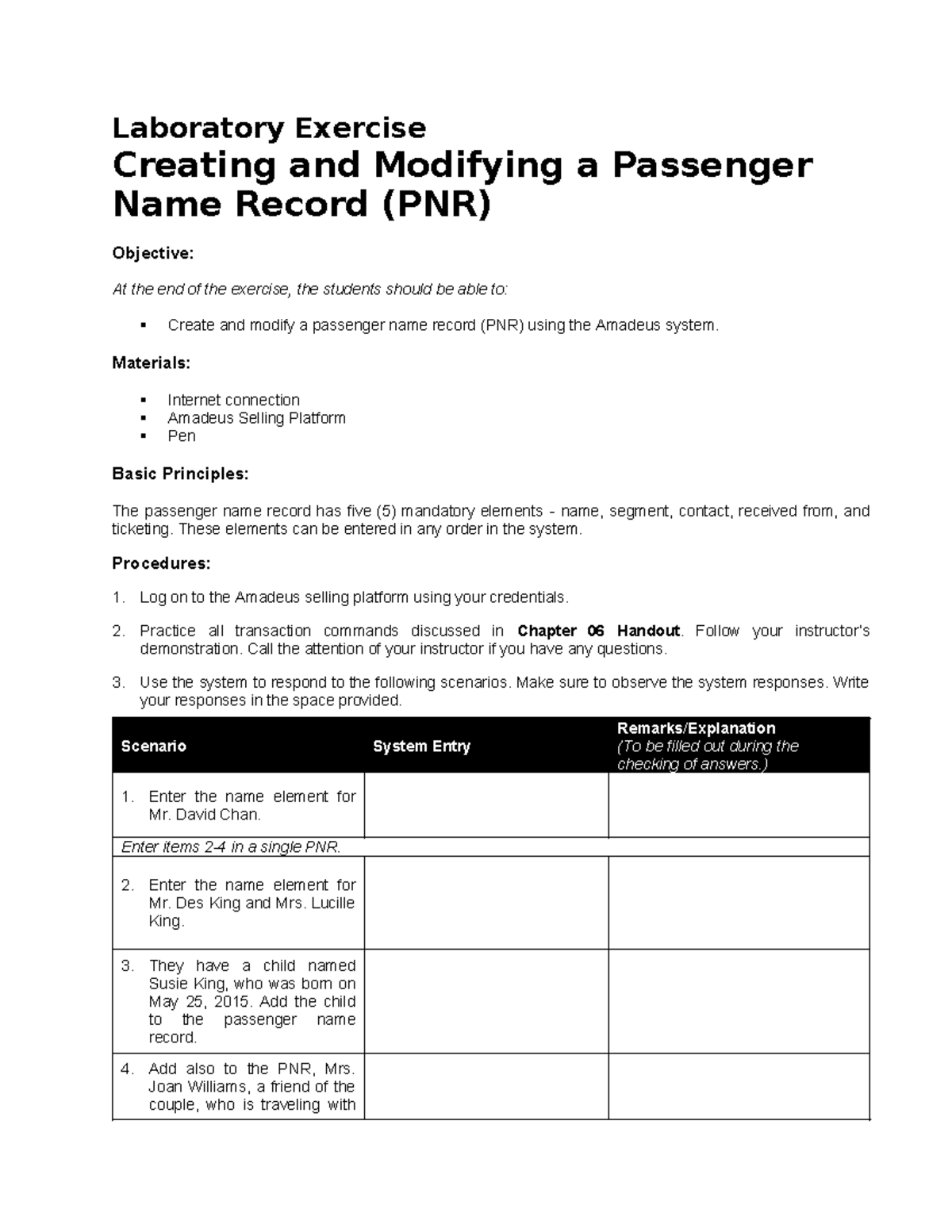 Chapter 6 Lab Exercise: Creating & Modifying PNR in Amadeus - Studocu