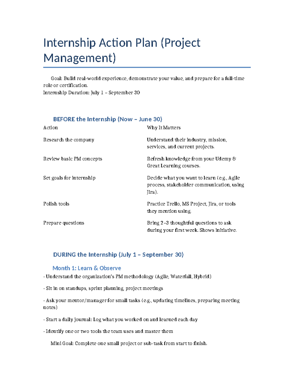 Internship Action Plan: Project Management Strategies & Goals - Studocu