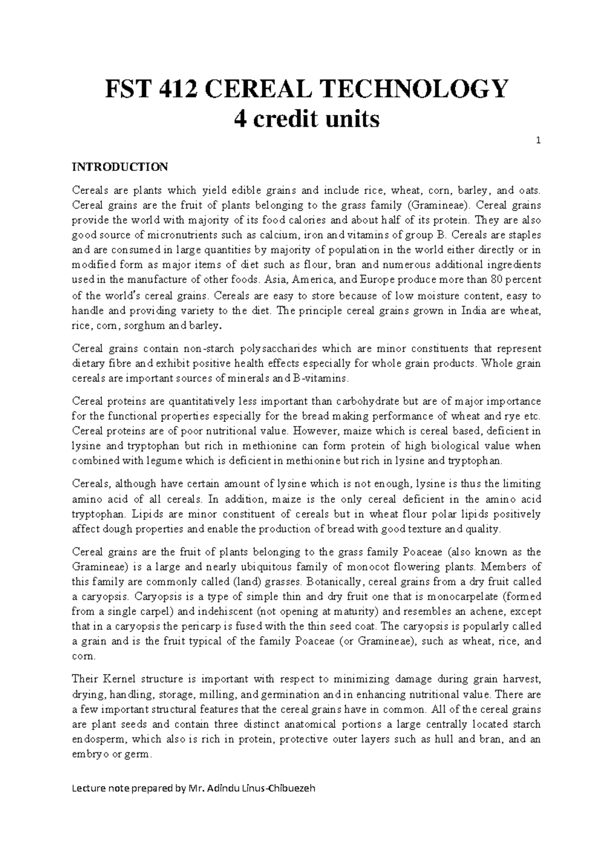 FST 412 Cereal Technology Lecture Notes 2023: Overview & Processing ...