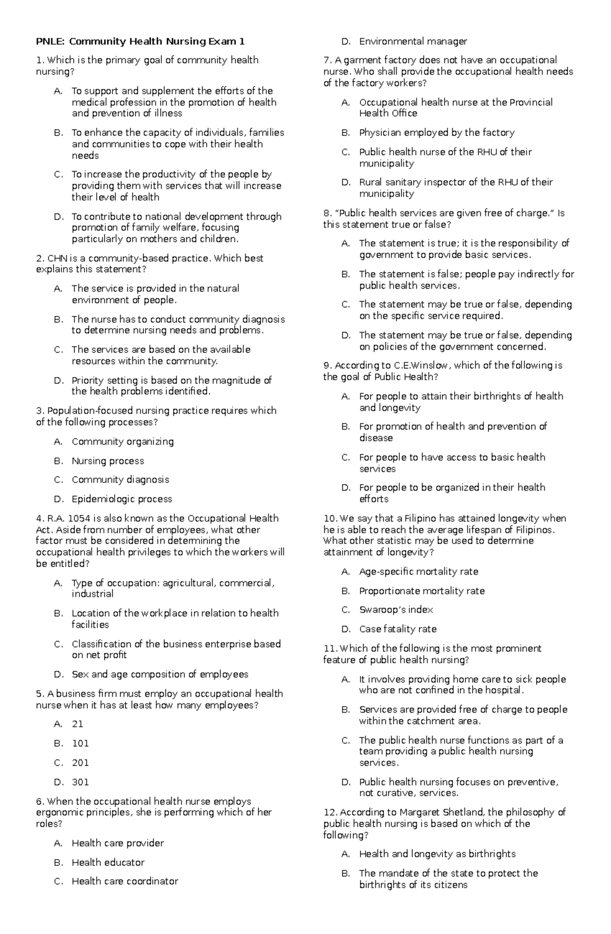 PNLE: Community Health Nursing Exam 1 & 3 Notes - Studocu