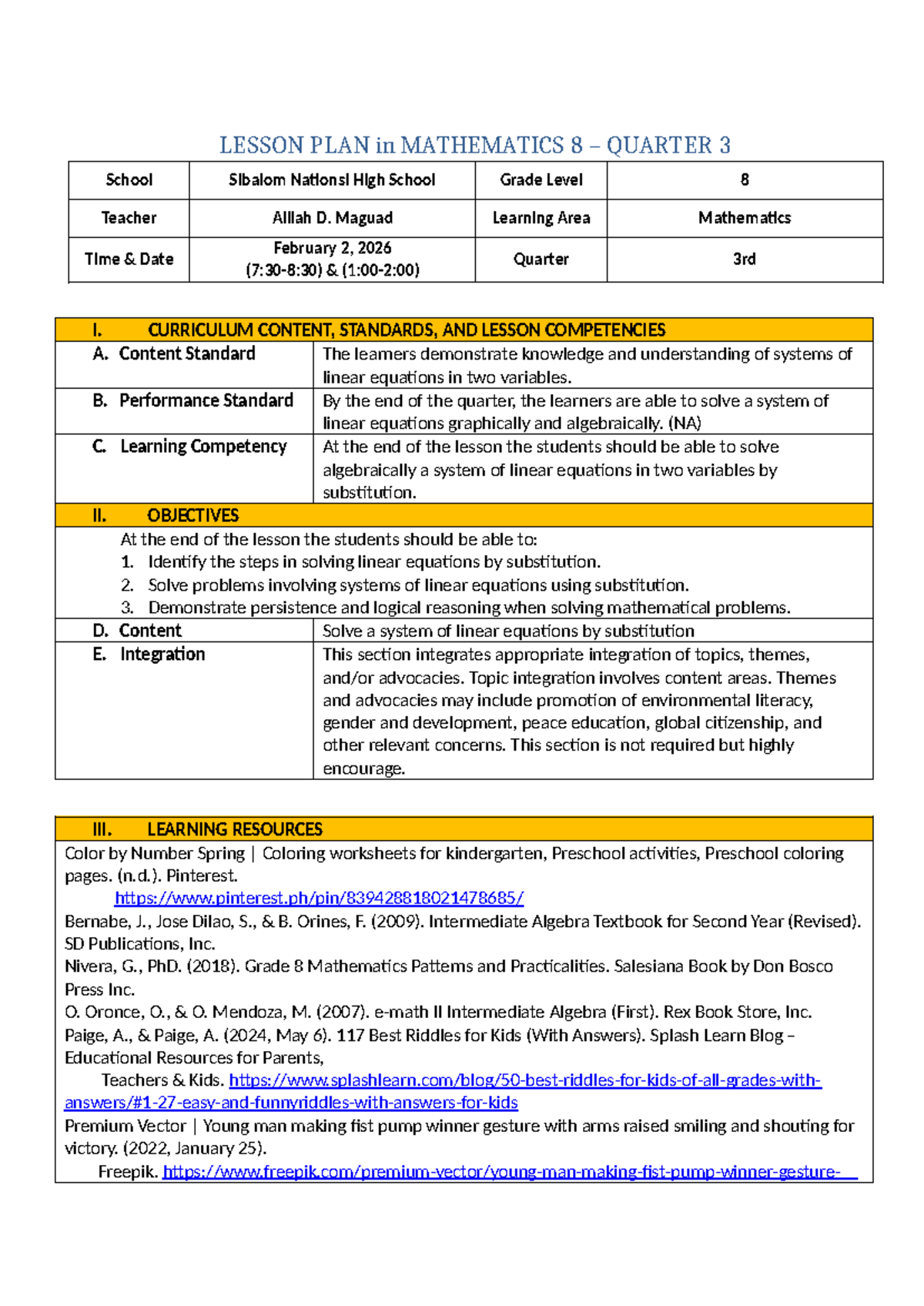 Math 8 Lesson Plan: Solving Linear Equations by Substitution - Studocu