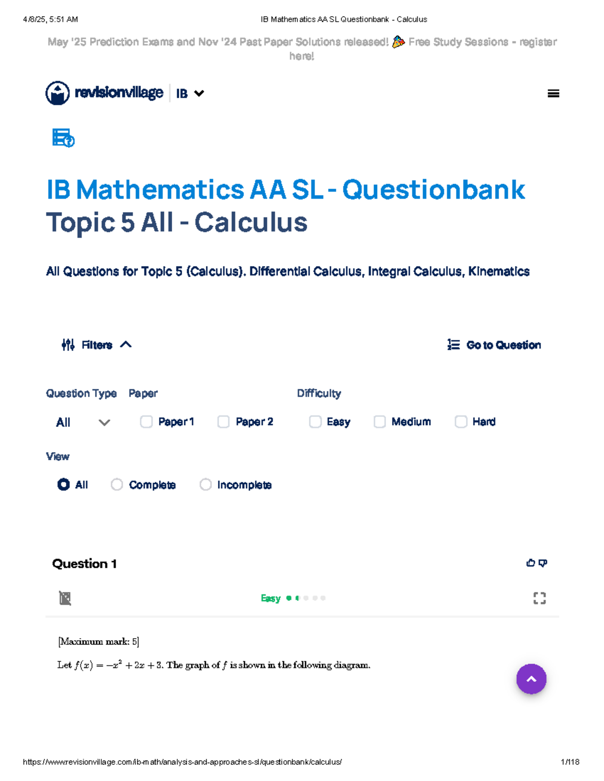 IB Mathematics AA SL Questionbank: Calculus Exam Prep & Solutions - Studocu