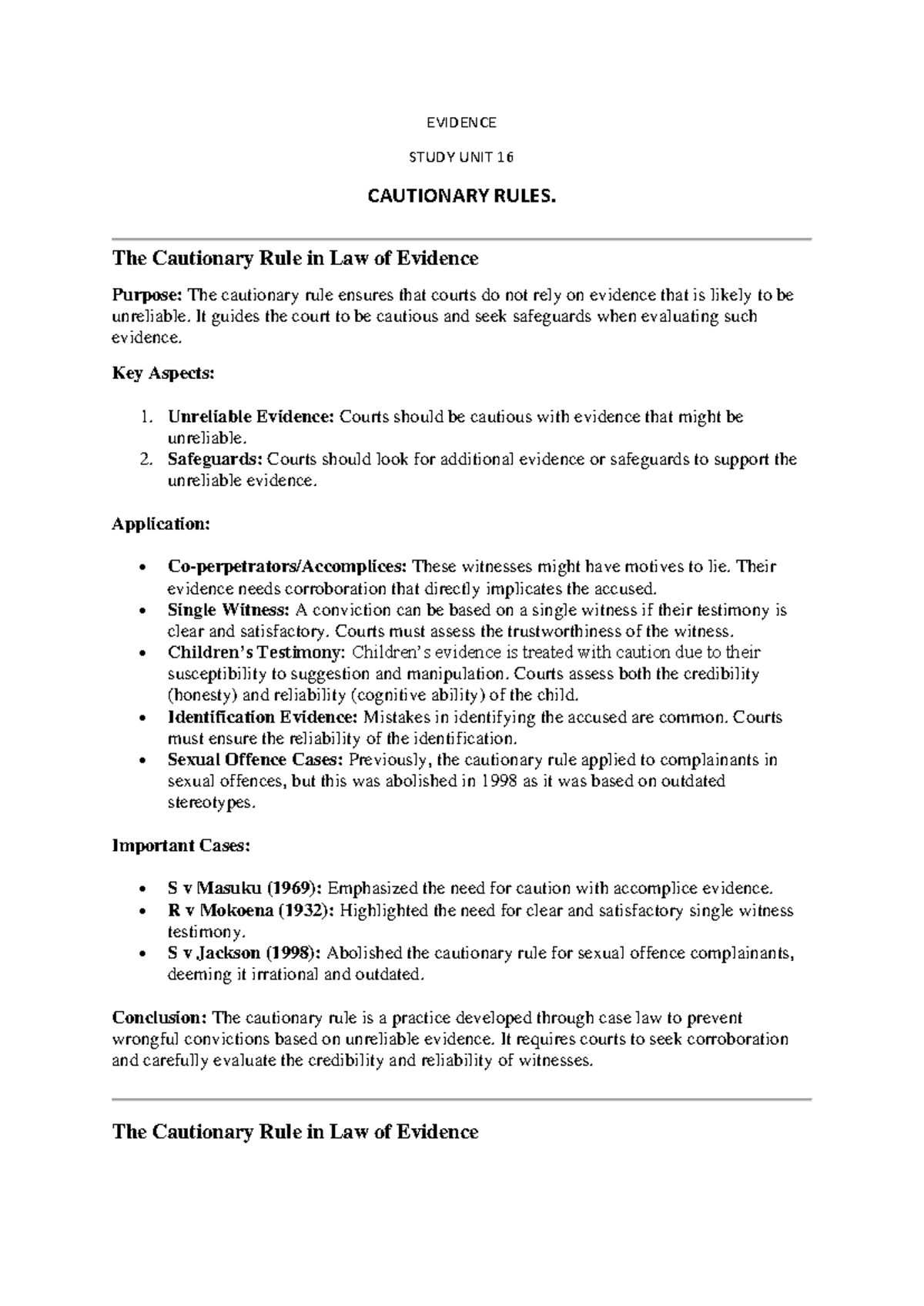 Cautionary Rules in Evidence Law - Lecture Notes Summary - Studocu