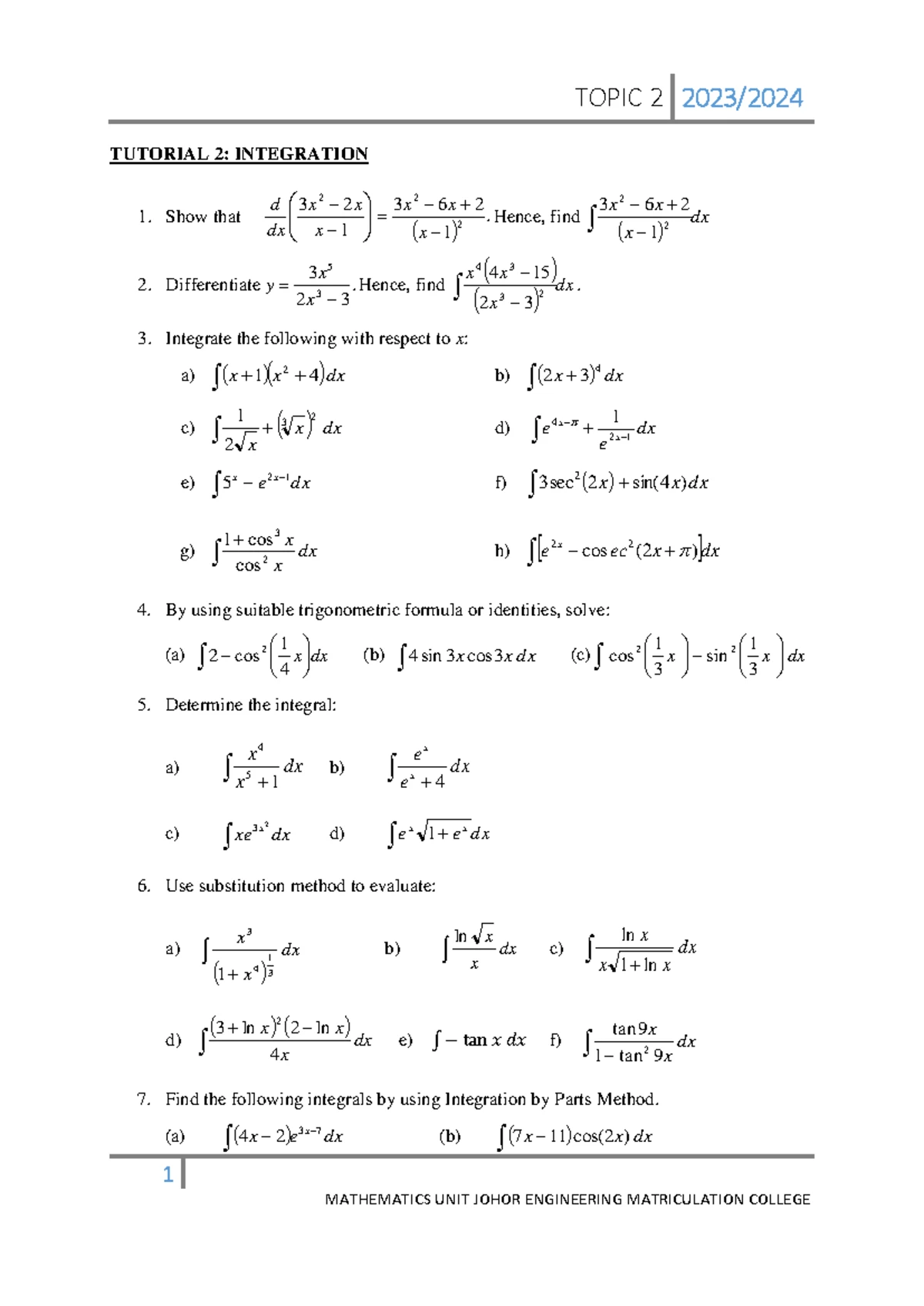 Chapter 5 Integration - TUTORIAL 5: INTEGRATION 1. Find each indefinite ...