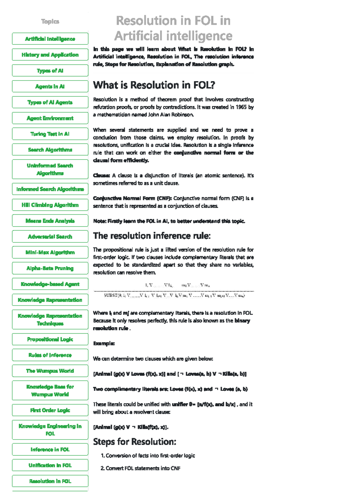 Resolution in First-Order Logic (FOL) for AI Applications - Studocu