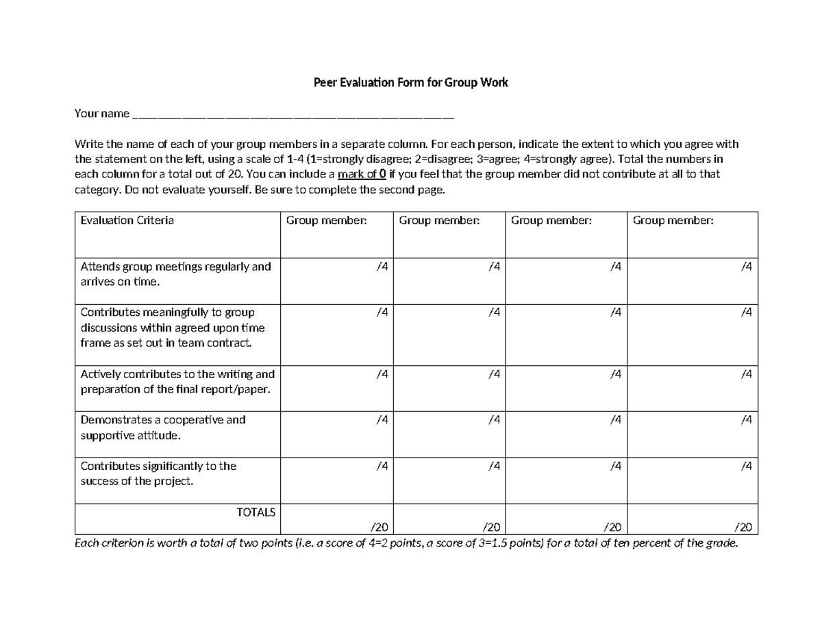 Peer Evaluation Form for Group Work - Worksheet - Studocu