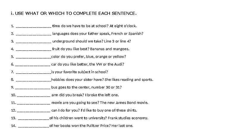 WHAT OR WHICH EXERCISES - i. USE WHAT OR WHICH TO COMPLETE EACH ...