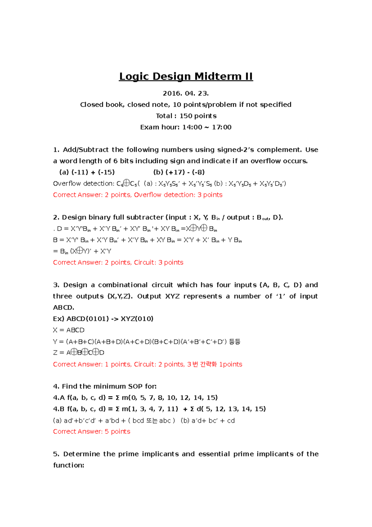 Logic Design Mid2(2016 ) 채점기준표 - Logic Design Midterm II 2016. 04. 23 ...