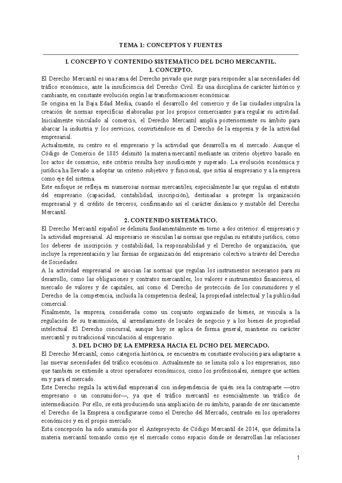 TEMA 1: CONCEPTOS Y FUENTES DEL DERECHO MERCANTIL I - Studocu