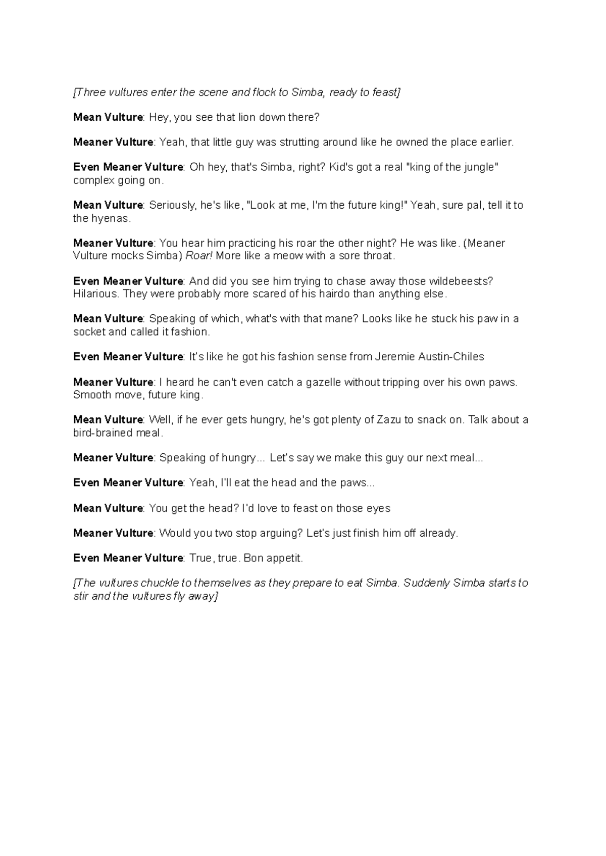 Vulture Script: A Humorous Scene with Simba and His Fowl Friends - Studocu
