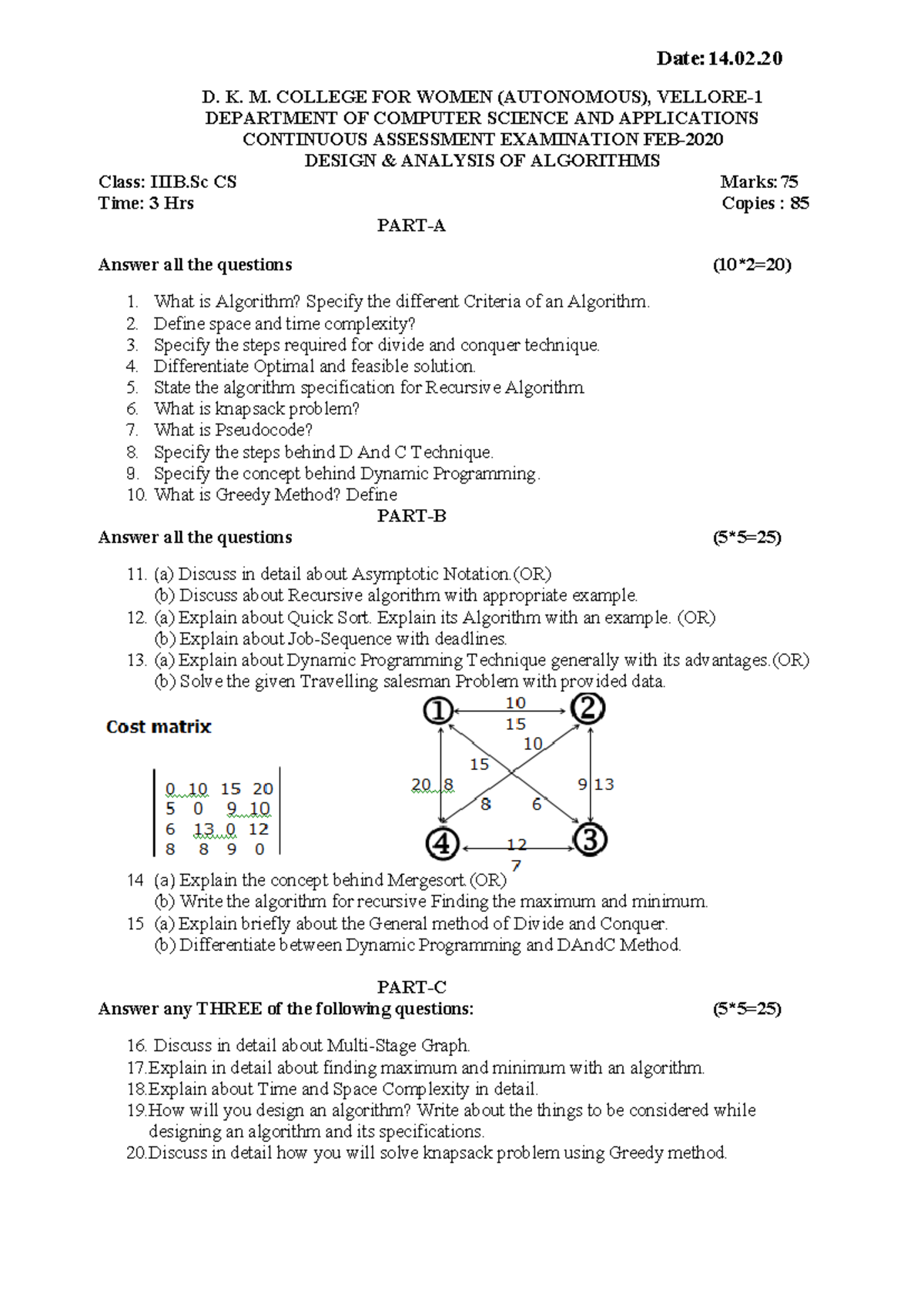 CS Continuous Assessment Exam: Design & Analysis of Algorithms - Studocu