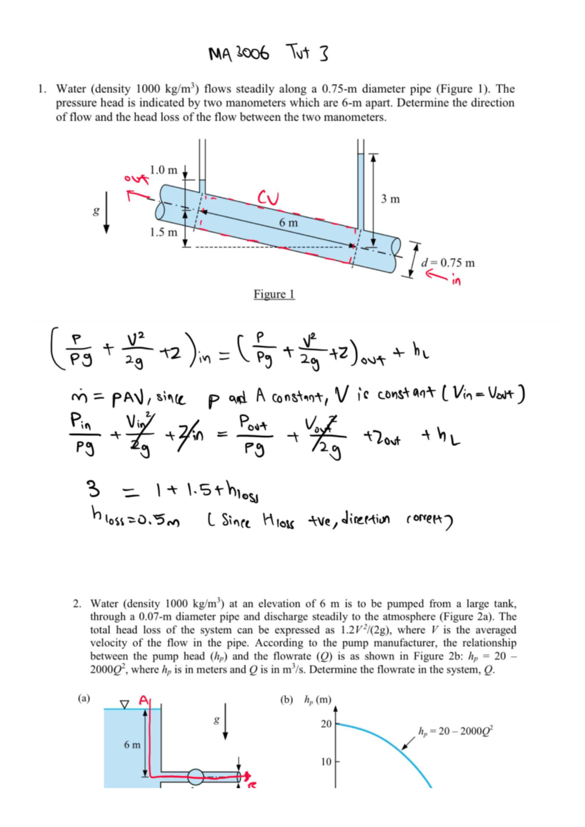 MA 3006 Tut 3 - Water Flow Analysis and Head Loss Calculations - Studocu
