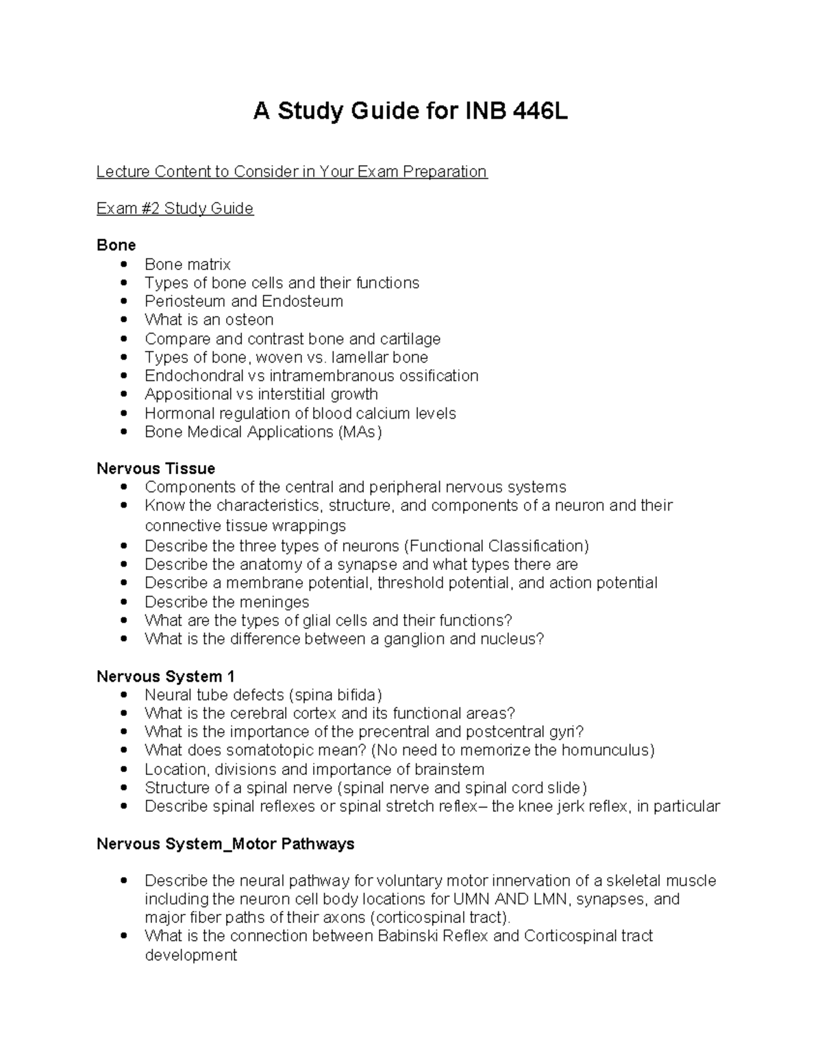 Exam #2 Study Guide for INB 446L: Nervous System & Bone Topics - Studocu