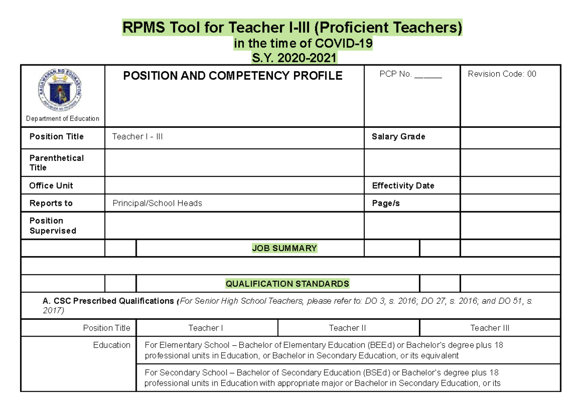 [Appendix 1] RPMS Tool for T I-III SY 2020-2021 in the time of Covid-19 ...