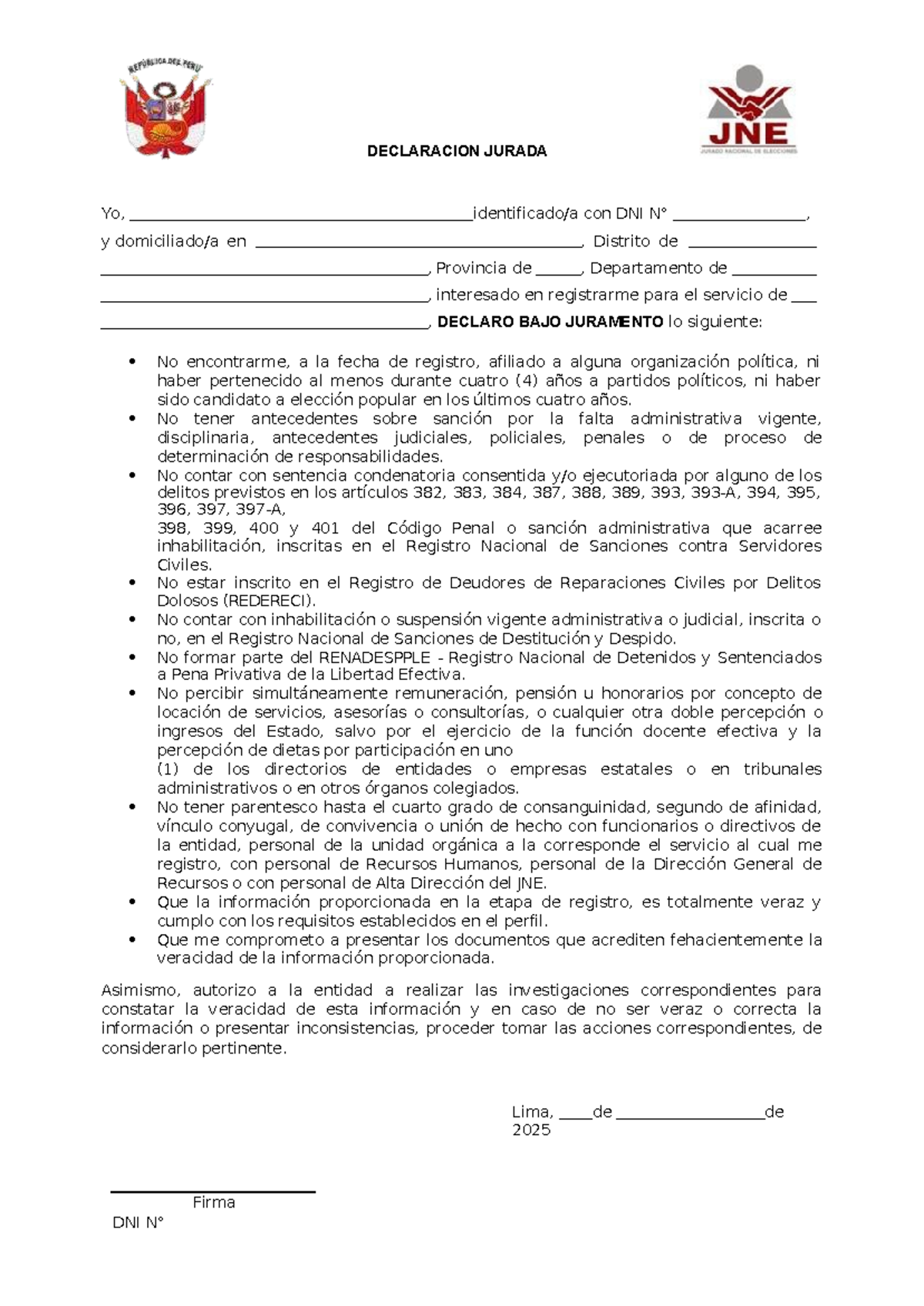 Declaración Jurada - Modelo para Registro de Servicio - Studocu