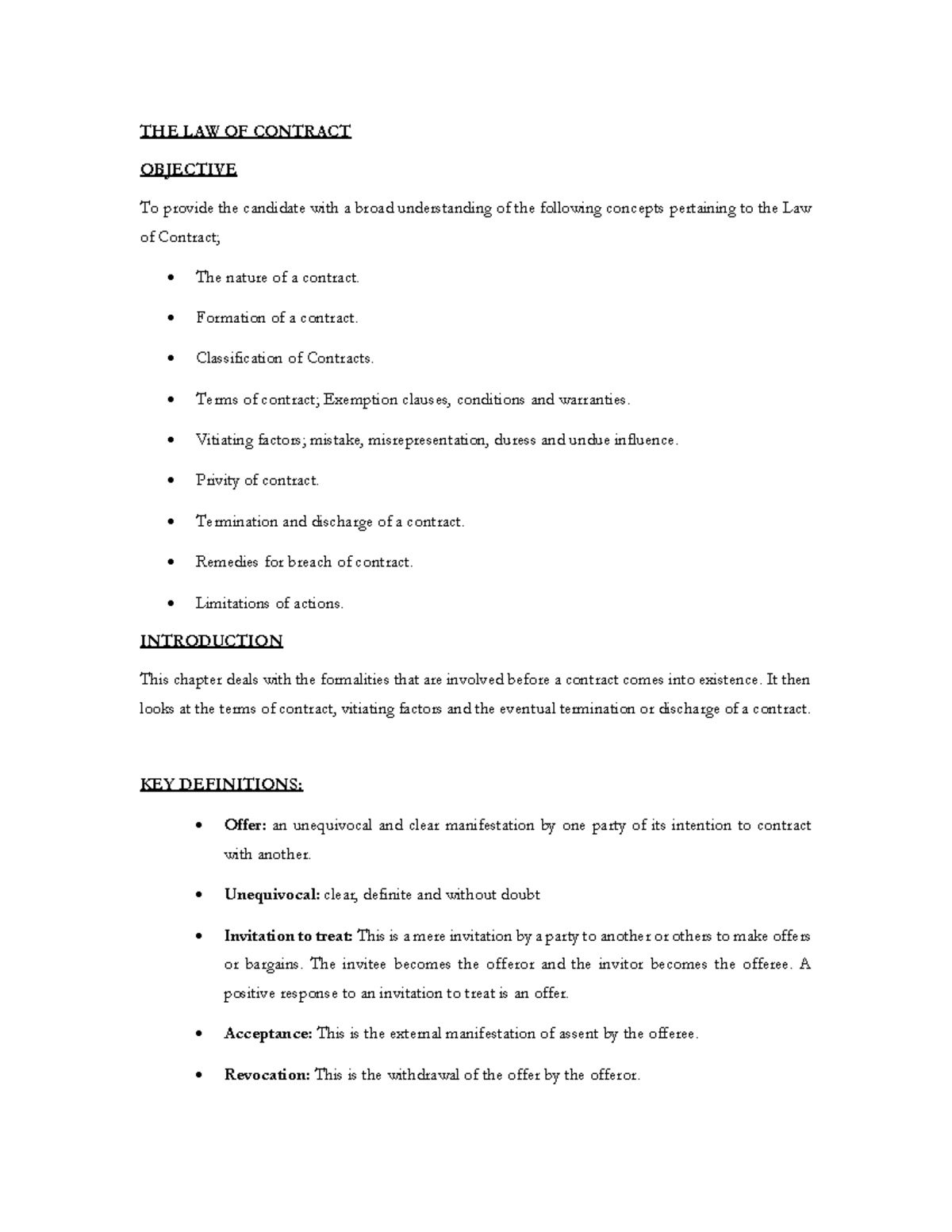 THE LAW OF CONTRACT: Comprehensive Study Notes for LAW 101 - Studocu