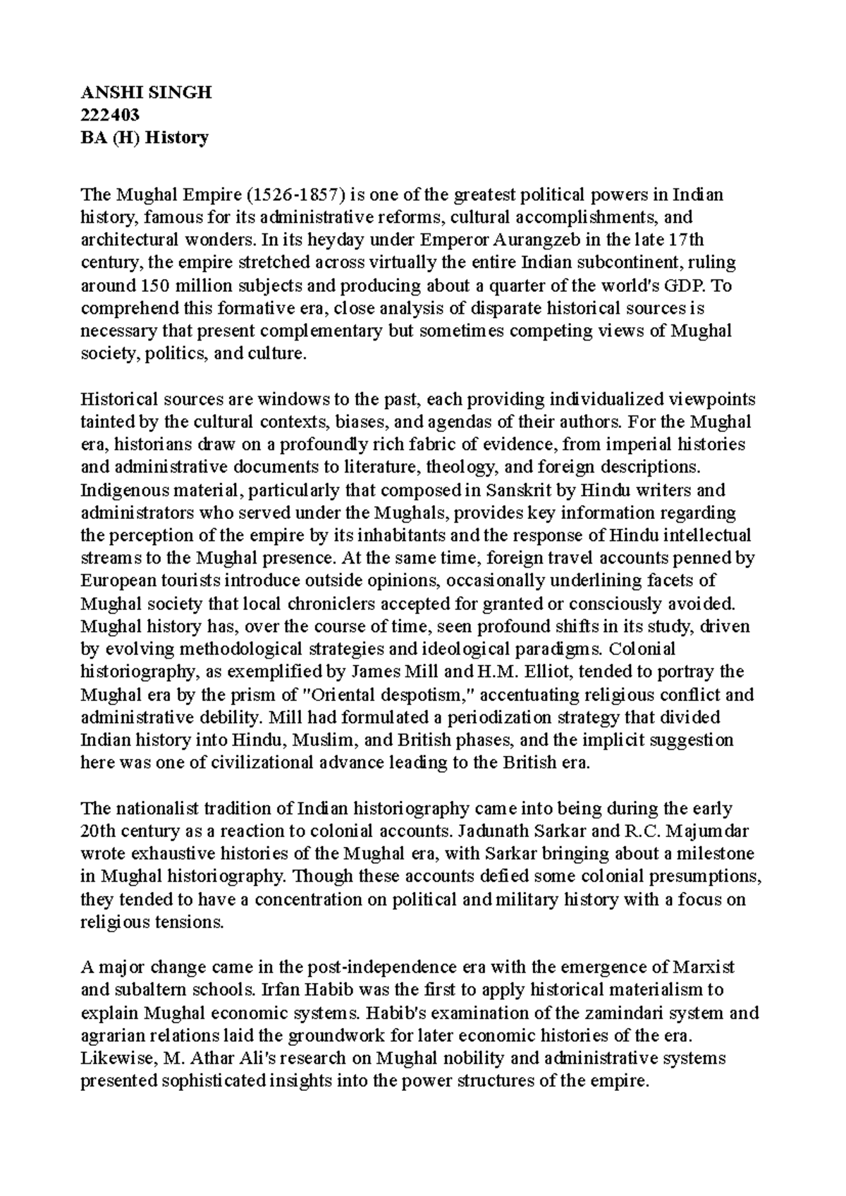 HOI VII Assignment - Analyzing Sanskrit Sources on Mughal History - Studocu