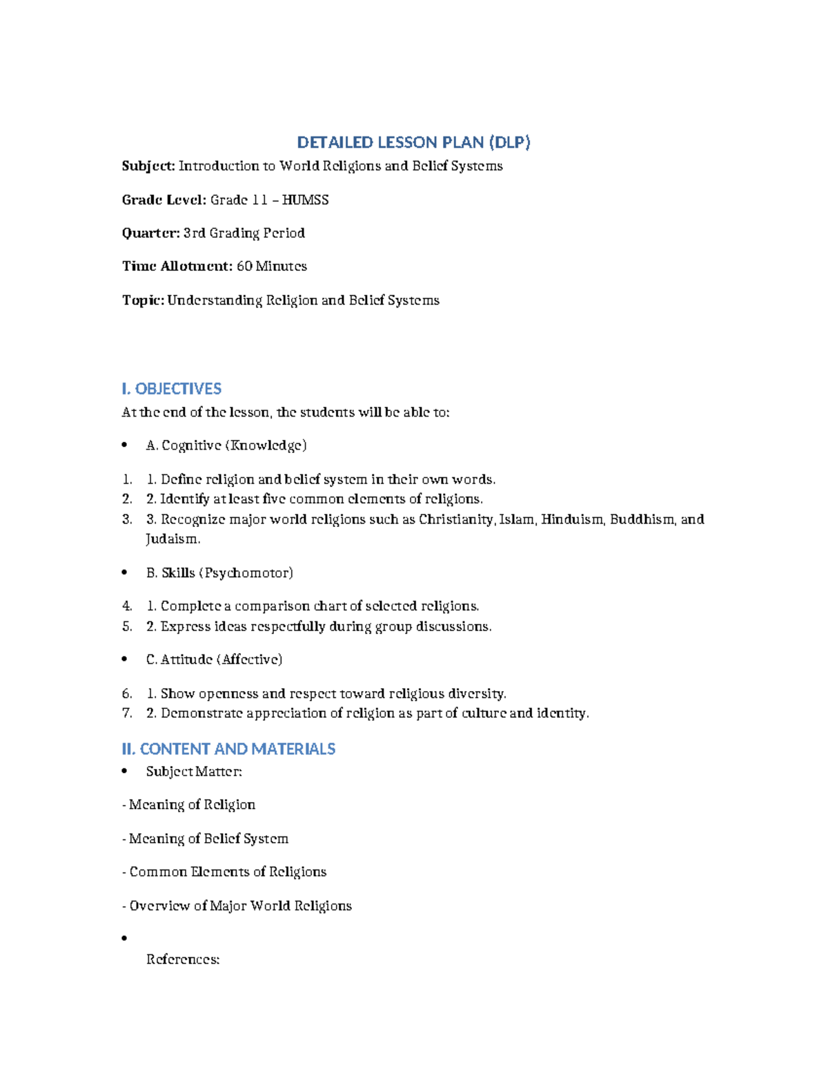 Detailed Lesson Plan (DLP) for World Religions - Grade 11 HUMSS - Studocu