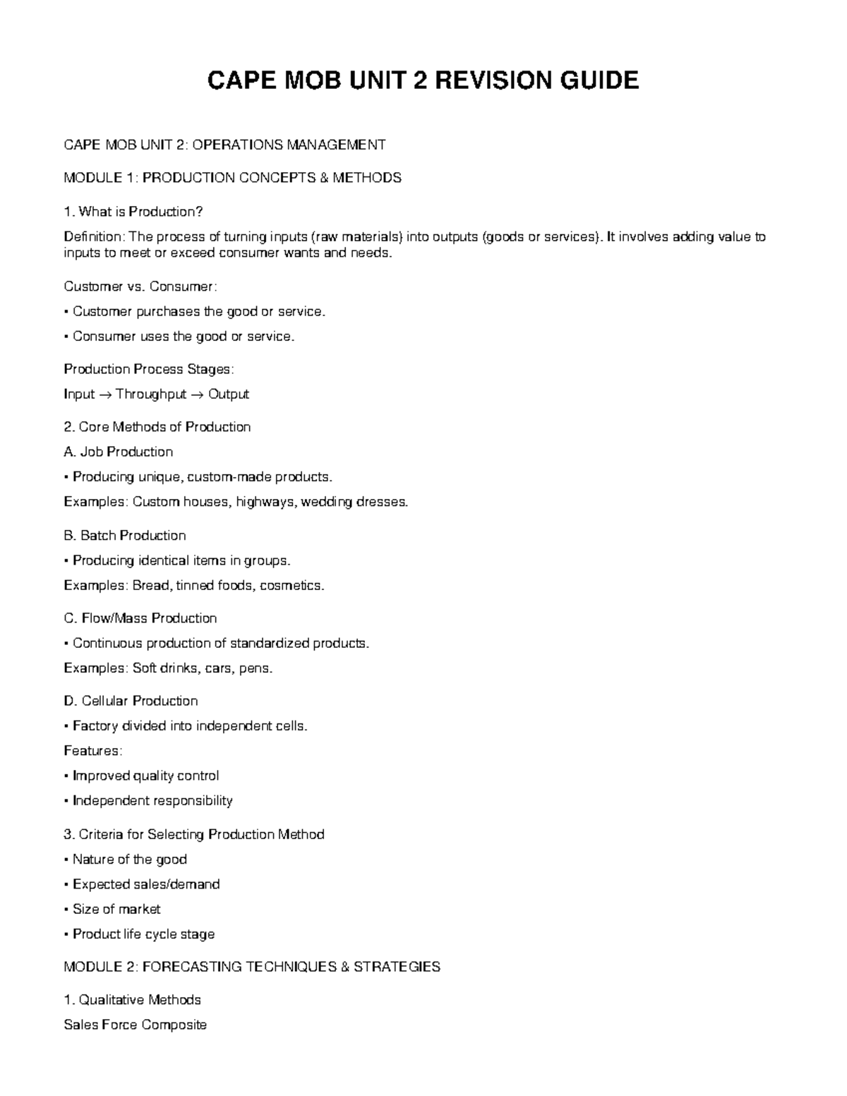 CAPE MOB Unit 2 Revision Guide: Operations Management - Studocu
