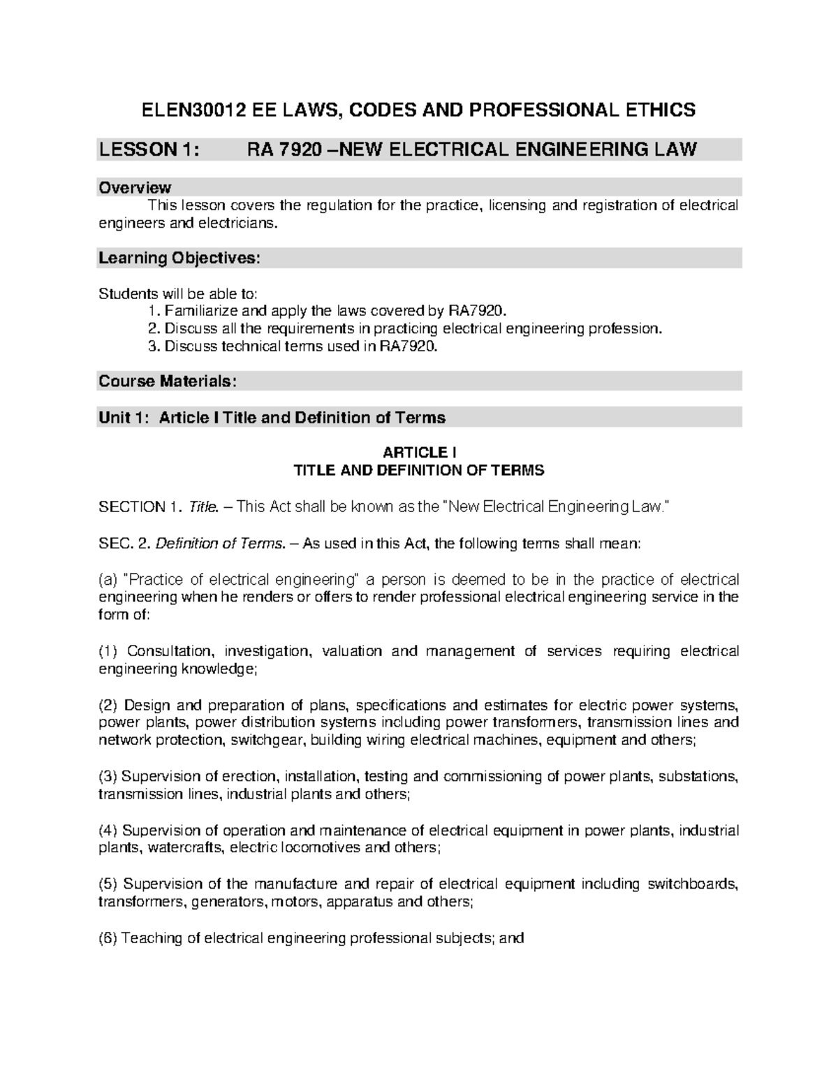 BSEE 3 ELEN30012 EE Laws, Codes & Professional Ethics - Lesson 1 - Studocu