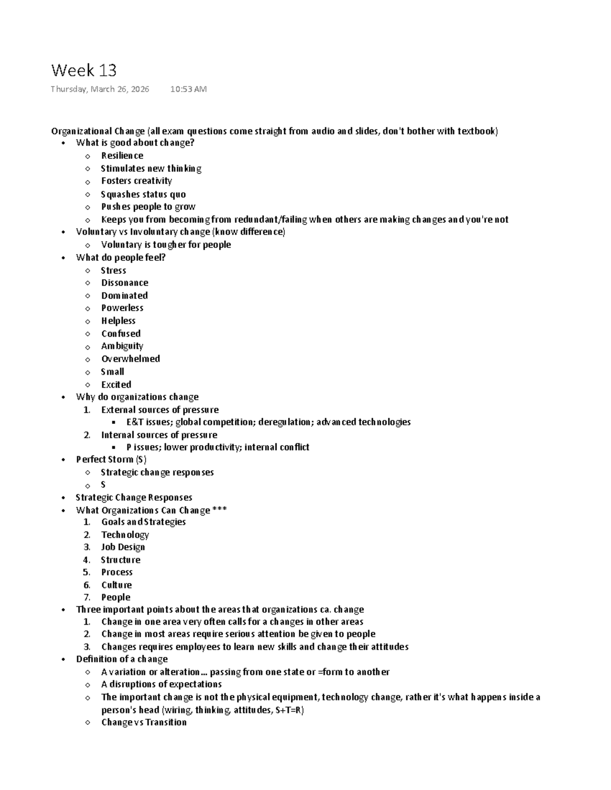 Week 13 - Lecture Notes on Organizational Change (Course Code) - Studocu