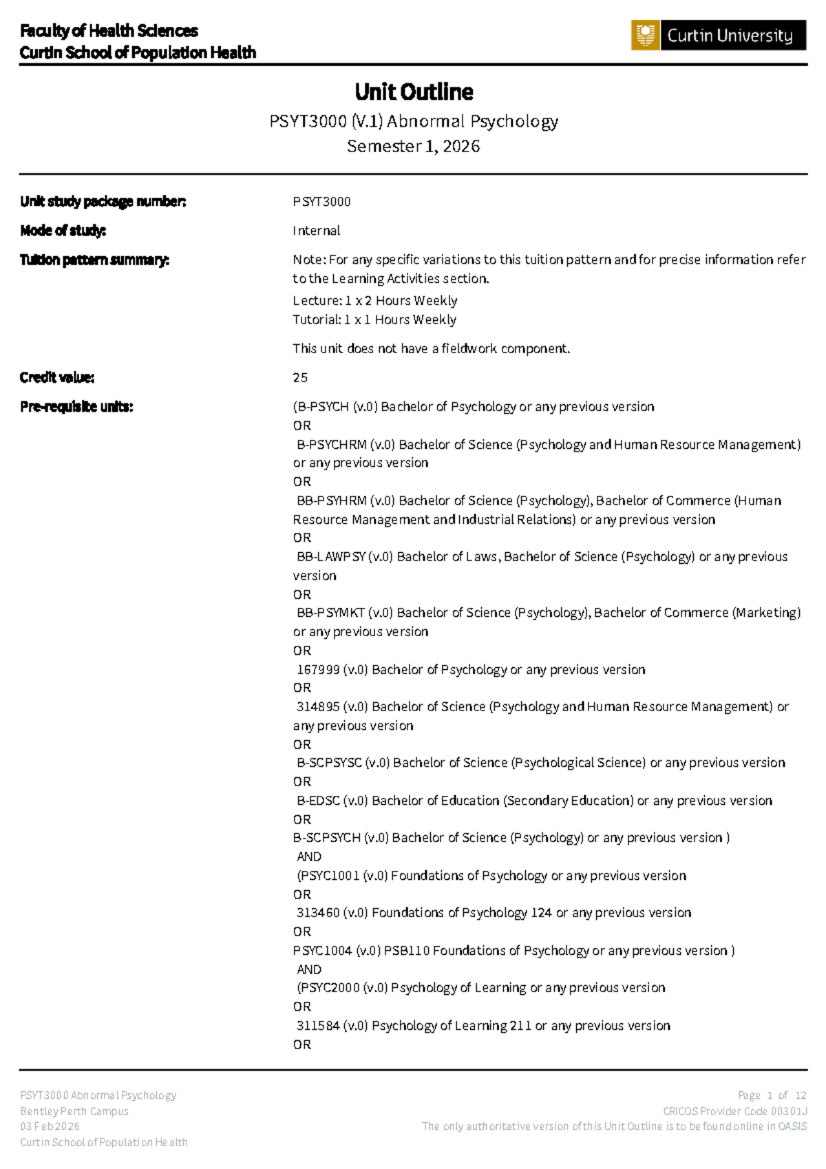 PSYT3000 Abnormal Psychology Unit Outline - Semester 1, 2026 - Studocu