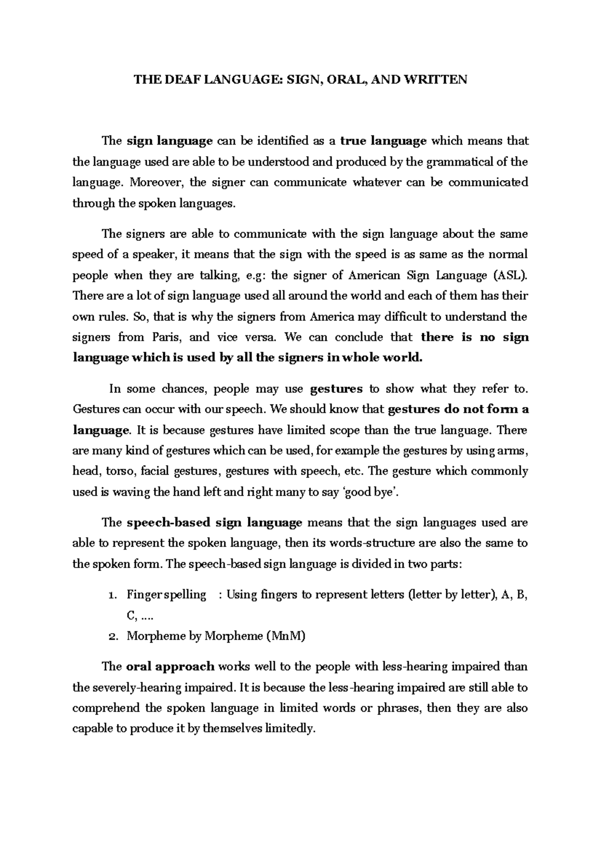 Summary of The Deaf Language: Sign, Oral, & Written Communication - Studocu