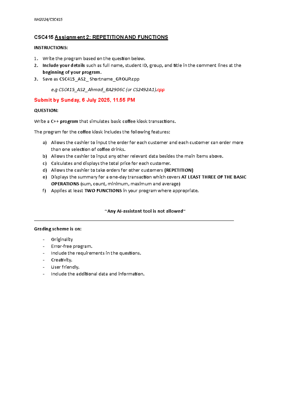 CSC415 Assignment 2: Coffee Kiosk Program Instructions - Studocu