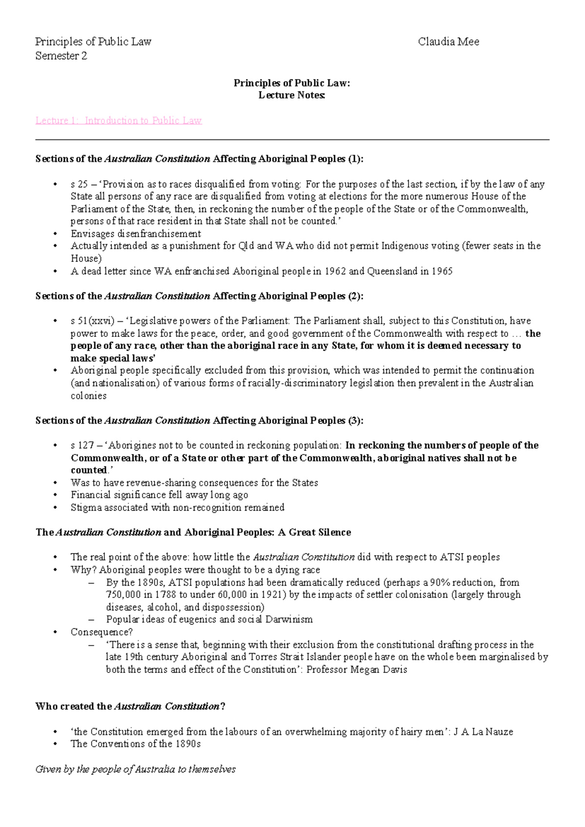 Public Law Lecture Notes (Semester 2) - Focus on Constitution and ...