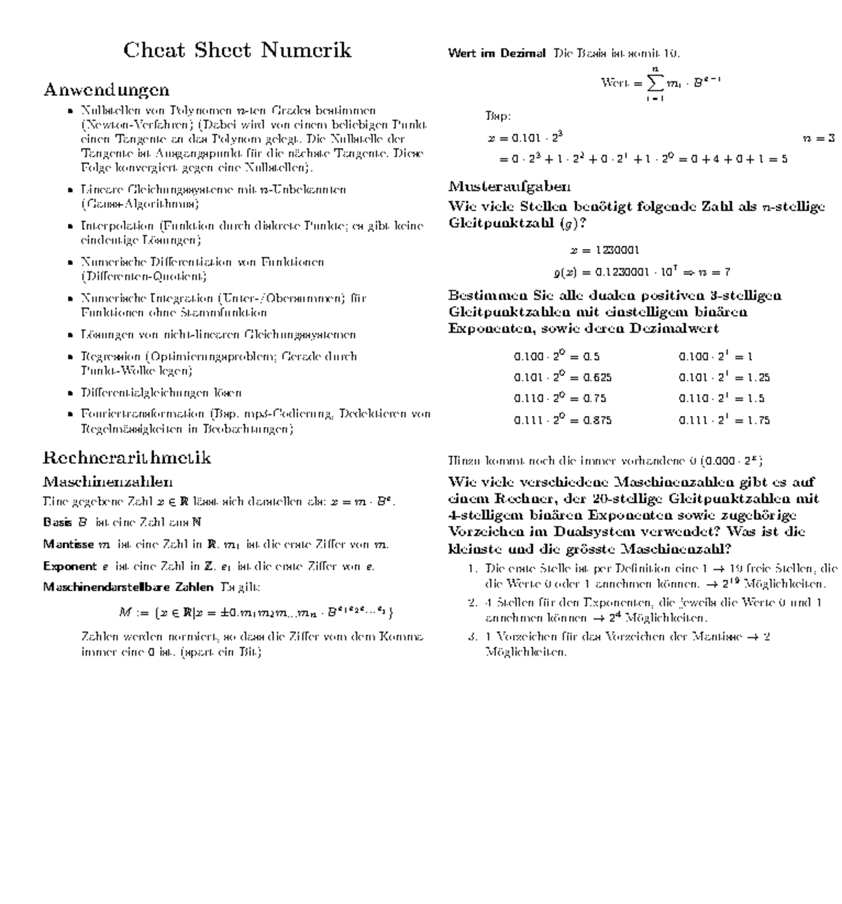 Mathematik Numerik & Differentialgleichungen 1: Cheat Sheet für ...