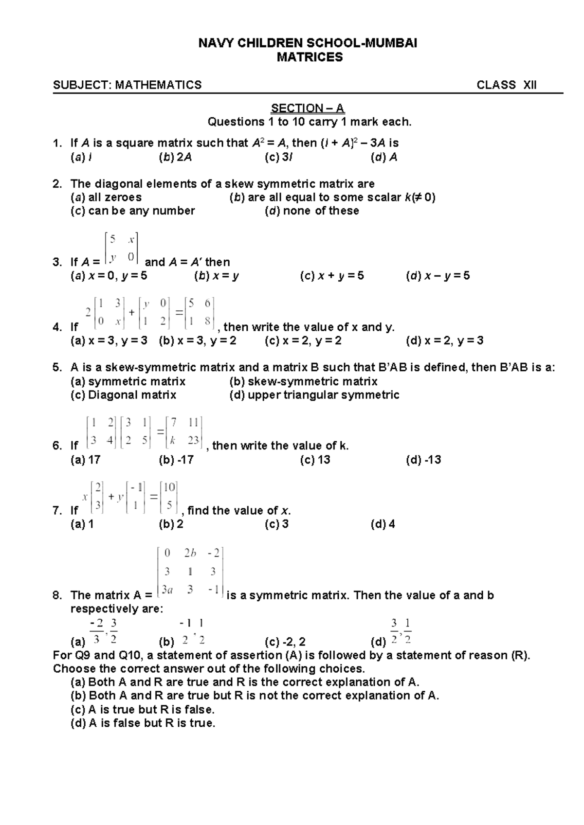 Matrices - Class XII Mathematics Section A & B Questions - Studocu